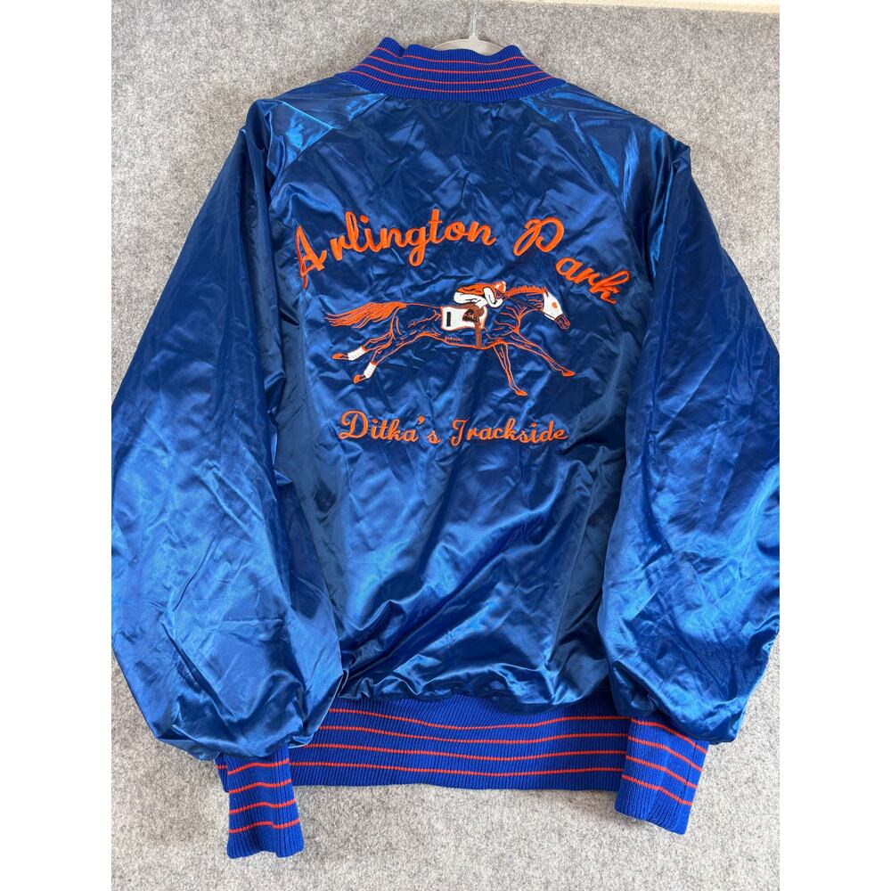 VTG 80s Arlington Park Varsity Jacket Mens Blue Horse Racing Track Satin Medium